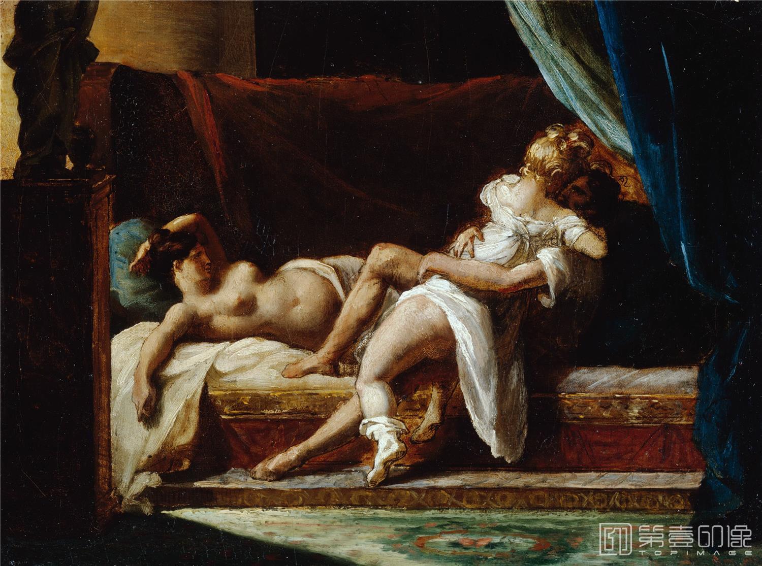 油画-美国洛杉矶保罗盖蒂美术馆-Жерико Теодор (1791 Руан - 1824 Париж) - Три любовника (22х30 см) 1817-20-130